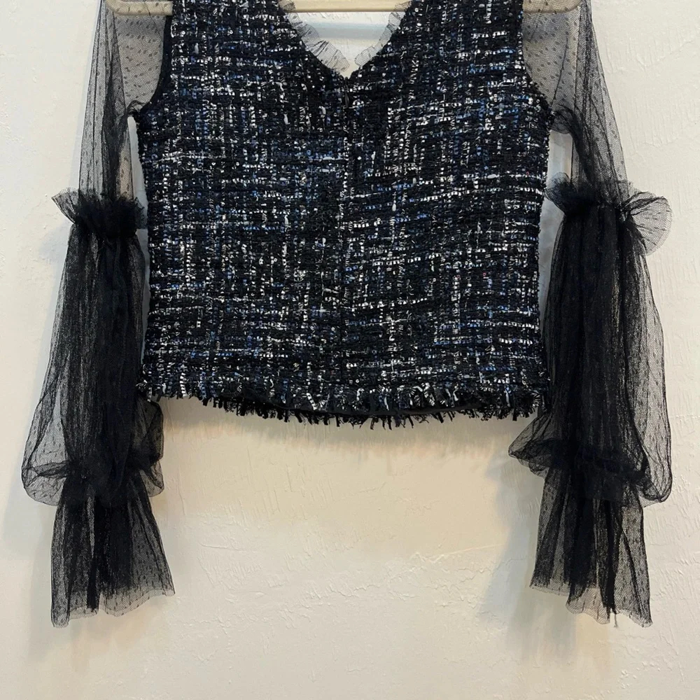 JIA Women Sheer Lace‎ Blouse Black Tiered Ruffle Sleeves Bohemian Goth Small y2k - Picture 12 of 14